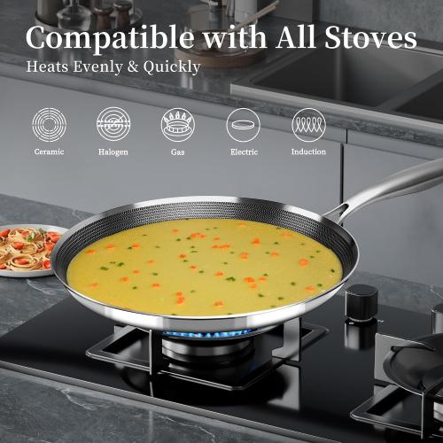 Innerwell 12 Inch Stainless Steel Crepe Pan,Nonstick dosa tawa | Honeycomb nonstick coating, PFOA-free.Compatible with All Stoves. Easy to clean.Oven Safe&Dishwasher Safe
