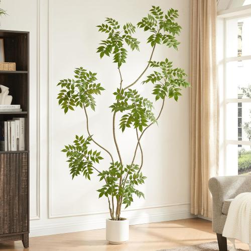 Size 6.5FT Artificial Sumac Tree with White Pot, Tall Faux Plants Indoor, Large Fake Tree with Nearly Natural Silk Plant (Real Touch), for Home, Office, Living Room, Patio, Lobby Decor