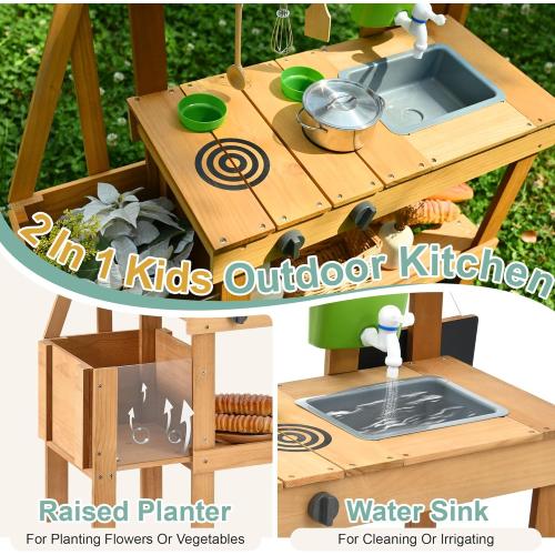 Mud Kitchen for Kids Outdoor, Wood Play Kitchen with Planter Box, Toddler Sink, Faucet, Blackboard, Water Cup and Accessories