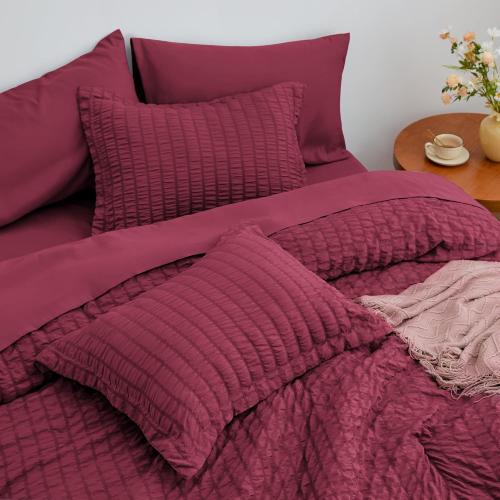 Love's cabin Seersucker Burgundy King Size Comforter Set, 7-Piece All Season Lightweight Bed in a Bag Bedding Set with Comforter, Flat Sheet, Fitted Sheet, Pillowcases and Shams