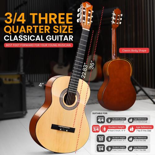 Pyle Beginner Acoustic Guitar Kit, 3/4 Junior Size All Wood Instrument with Full Accessory Kit, Picks, Shoulder Strap, Carry Case, Cleaning Cloth, Tuner App, 2 Month Lessons, 36” (Ash Gloss)