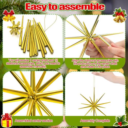 Syhood 6 Pcs Glitter Starburst Star Ornaments, Gold, Bright