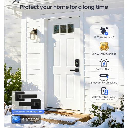 Veise VE027-L Built-in WiFi Smart Lock with Handles, Fingerprint keyless Entry Door Lock Set, App Remote & Voice Control, Electronic Deadbolt for Front Door, Touchscreen Keypad, Auto Lock, Matte Black