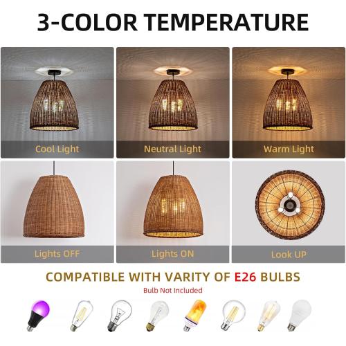 3-Light Dark Curry Rattan Pendant Light,16.54 Rustic Hanging Light,Brown Wicker Pendant Light Hand-Woven Rattan Chandelier for Workplace Restaurants Dining Living Kitchen Farmhouse
