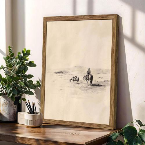 Western Cowboy Framed Canvas Wall Art – Vintage Horse Sketch Painting Print, Rustic Equestrian Wrangler Pictures for Living Room Bedroom Nursery Office Farmhouse Decor 16x24 inch