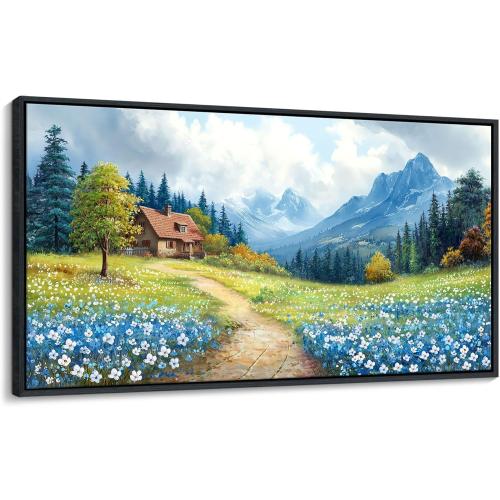 CHATYOUNG Large Mountains Wall Art, Rustic Blue Forest Wild Flowers Wall Picture Path Cottage Landscape Framed Wall Paintings for Living Room Bedroom kitchen Home Decor Gifts for Women 29X58