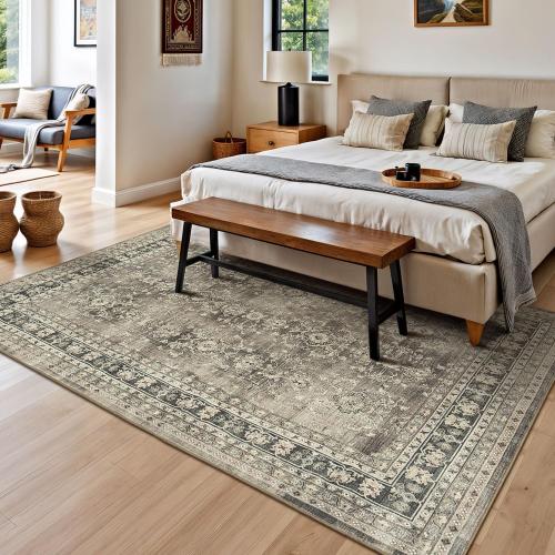 Area Rugs for Living Room, Machine Washable Non Slip Rug, Soft Low Pile Carpet for Bedroom Dining Home Office, Vintage Brown Distressed Floral Floor Mat