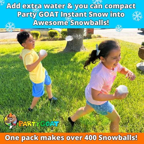 PARTY GOAT Instant Snow Powder for Sensory Play & Decor. 18oz Makes 7 Gallons of Fake Snow. Up to 400 Aritifical Snowballs. Outdoor & Indoor use. Just Add Water. Magic Fun for Kids
