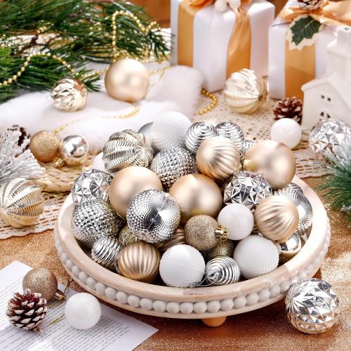 Christmas Ball Ornaments Champagne Gold Silver White Xmas Ornaments Sets 1.6/1.97/2.4 Inch Shatterproof Glitter Xmas Balls Assorted Holiday Neutral Modern Christmas Decor for Tree Home