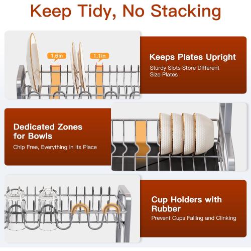 2 Tier Dish Drainers Drying Rack for Kitchen Counter Large Stainless Steel Dishes Drain with Drainboard, Space Saving, Big Modern Silver Countertop Metal Plates Dryer Strainer Holder and Extra Tray