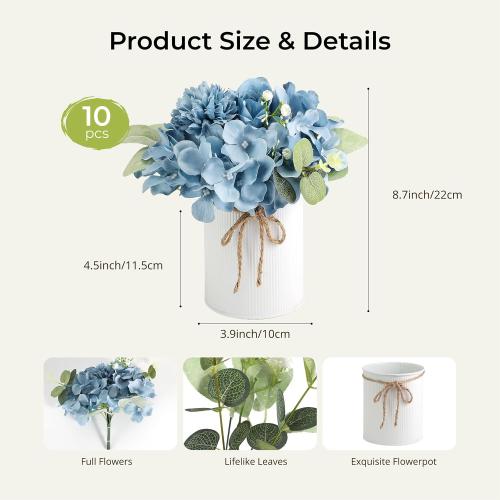 Auihiay 10PCS Flower Table Centerpieces, Hydrangea Artificial Flowers with Vase, Silk Hydrangea Flowers for Wedding Centerpieces, Birthday Parties, Baby Showers, Tea Party, Bridal Bouquet (Dusty Blue)