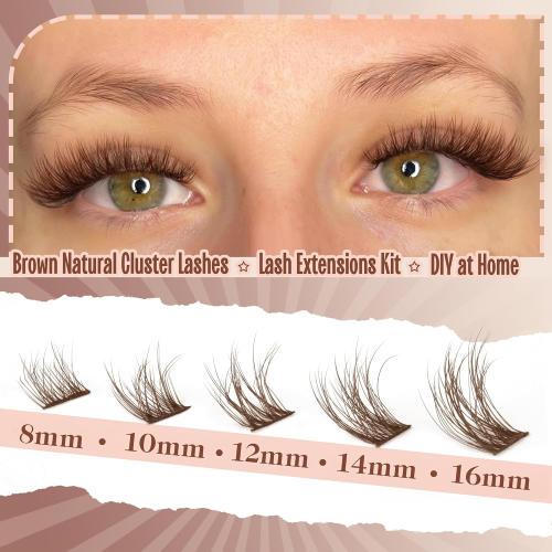 Brown Lashes Clusters Kit Natural Eyelash Extension CC-Curly Individual Lashes Kit with 8-16MM Brown Lash Clusters Lash Bond and Seal & Lash Applicator