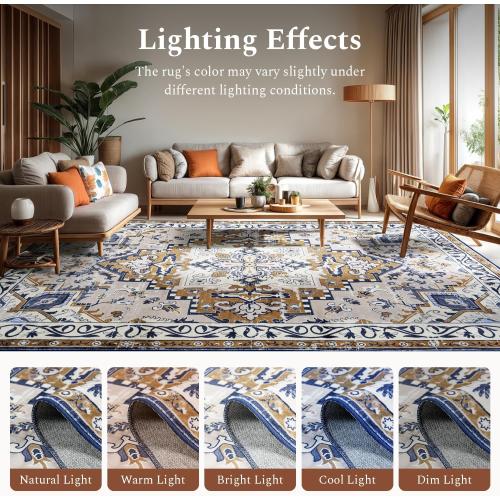 Rugflix 3x5 Area Rug for Living Room, Machine Washable Area Rugs with Non-Slip Backing, Large Soft Boho Vintage Rug for Bedroom, Dining Room, Low Pile Carpet, Kids Pet Friendly, Brown Beige