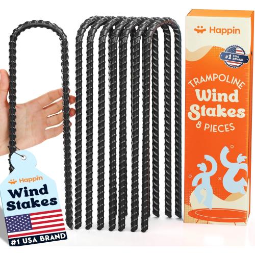 Pack of 8 Black Happin® Ultra Strong Trampoline Stakes Anchors High Wind, Ground Anchors Heavy Duty, Trampoline Tie Down Anchor Kit, Ground Stakes Galvanized Steel, Trampoline Accessories, U Shaped (8 Pack, Black)