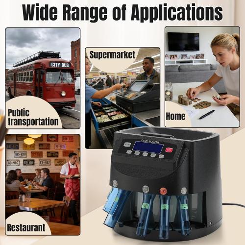 USD Coin Counter 270 Coins/Min Includes 5 Coin Bins, 5 Tubes & 5 Wrappers | 300-Coin Capacity Automatic Change Counter with LCD Display for 1¢ 5¢ 10¢ 25¢ $1, Precise Counting for Retail/Banks/Home