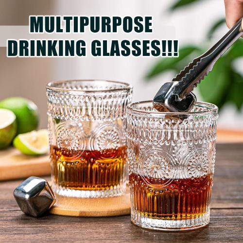 Vintage Drinking Glasses, Textured Clear Striped Glass Cups-6 Highball Glasses 13oz & 6 Rocks Glasses 10oz, Ribbed Glassware Set, Mojito Cups, Cocktail Glass, Iced Coffee Cup