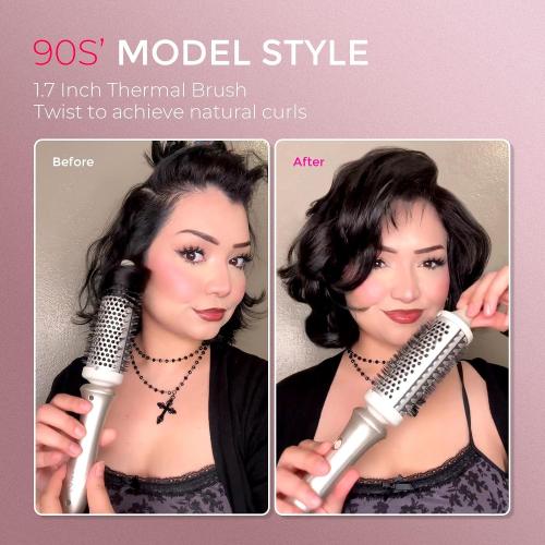 TYMO 2.0 Thermal Brush Curling Brush - STYLUX 1.7 Blowout Volumizer with Flexi-Fit for Hair Straightening, Heated Round Styler Tool, Hair Straightener and Curler 2 in 1, Dual Voltage & Light, Gold