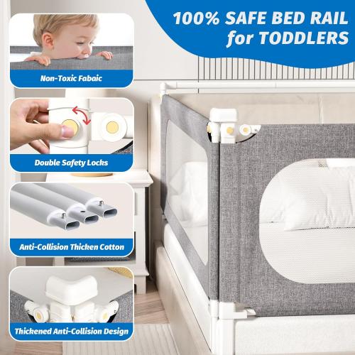 Grey 3-Piece Twin Size Bed Rails for Toddlers, with Headboard Rod -Height Adjustable Baby' Safety Bed Rails Guard for Twin Size Bed(3Pack 74.8x74.8x39-Gray)