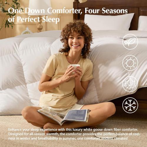 Pacific Coast Goose Feather Down Fiber Comforters Queen Size, Extra Fluffy White Duvet Insert, Ultra-Soft, Breathable, All Season Hotel Luxury Bedding Comforters