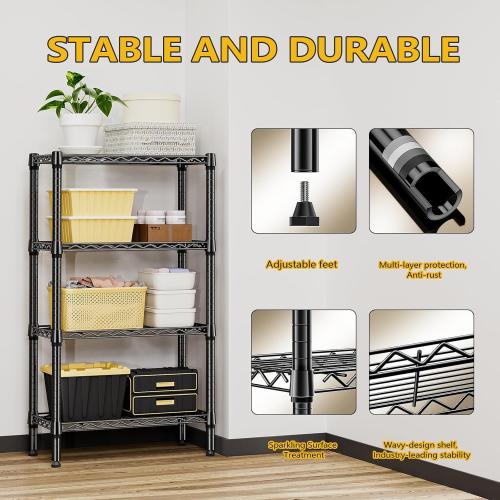 1000 lbs 4 Tier Shelf Metal Storage Shelves Wire Rack Closet Organizers for Garage Kitchen Bathroom Laundry Black 11.8 D x 25.6 W x 45.5 H