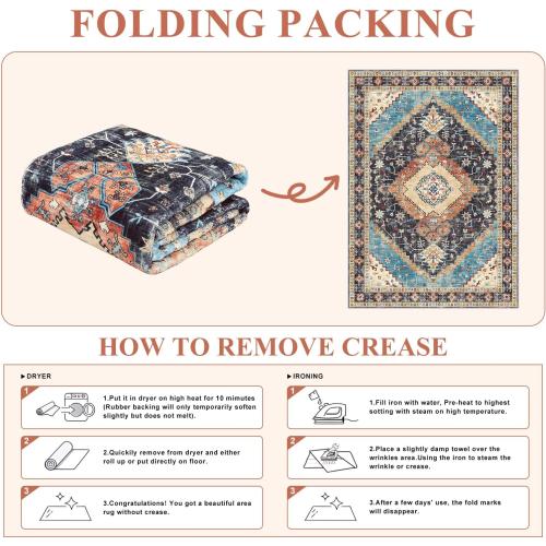 Yamaziot Washable Area Rugs 5x7 – Non Slip Boho Vintage Rug for Bedroom, Low Pile Floor Carpet Soft Distressed Rug for Living Room, Bedroom, Dining Room, Black Navy Blue