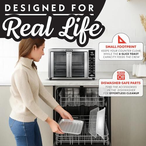 Gourmia French Door Air Fryer – 25 Qt Large Capacity Convection Oven, Fryfroce 360°, Digital Display with 17 Cooking Presets, Bake, Toast, Roast, Dehydrate, Fits 12” Pizza