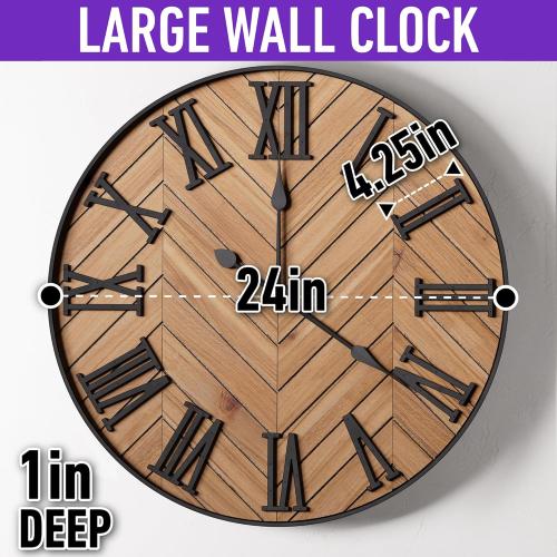 Large Wall Clock 24 Round - Silent Metal & Wood Large Farmhouse Wall Clock For Living Room Decor with 3D Roman Numerals - No Ticking - Noiseless Big Wood Decorative Clocks for Living Room Decor
