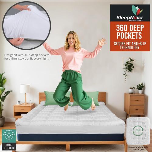 White 100% Cotton Top Queen Mattress Topper, Breathable & Cooling Mattress Topper, Elastic Fitted Mattress Pad, Mattress Cover for Back Pain Relief