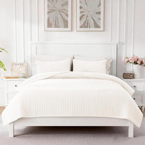 Velvet Quilt Set Queen Size, Soft Quilted Bedding Set, 2 Matching Pillow Shams, Lightweight Bed Cover Blanket for All Seasons (Ivory Cream, Queen)