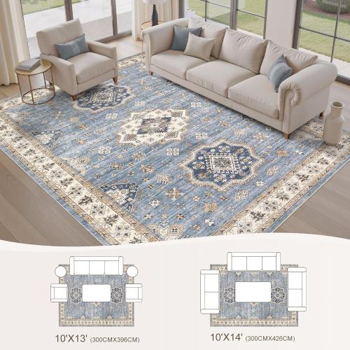 Washable Area Rugs for Living Room -Neutral Vintage Distressed Floral Farmhouse Boho Large Soft Floor Rug Indoor Non Slip Carpet for Living Room Bedroom Dining Room Office - Blue