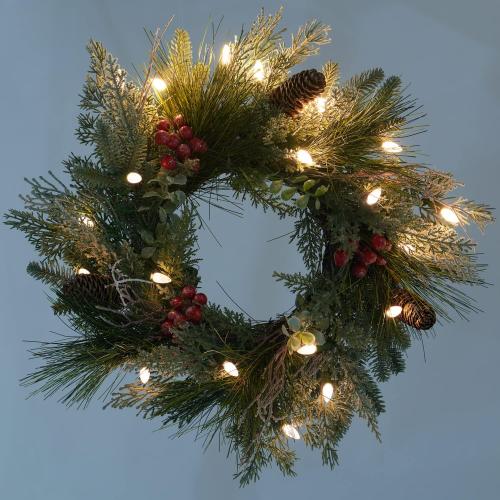 Pre-lit Christmas Wreath for Front Door, Snow Branches, 22 Inch Battery Operated 50 LED Lights, Decorations for Indoor & Outdoor Green