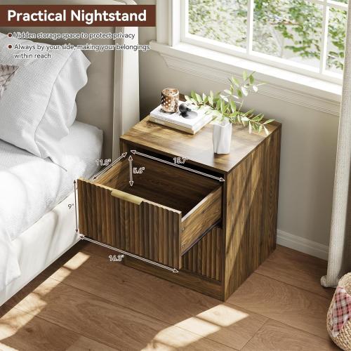 Set of 2 Walnut Nightstand with 2 Storage Drawers, Modern Fluted Night Stand Bedside Table, Bed Side End Table with Golden Handles for Bedroom, Walnut
