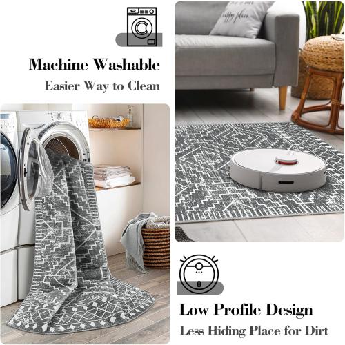 Wonnitar Moroccan Washable Kitchen Runner Rug 2'6x8', Non-Slip Dark Grey Boho Rug Runners for Hallways, Farmhouse Floor Carpet Soft Runner for Bathroom Hall Entyway (Dark Grey,2'6x8')