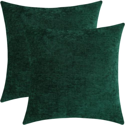 Hunter Green Chenille Decorative Couch Throw Pillow Covers, Soft Cushion Cases for Home Livingroom Sofa Décor, Pack of 2, 18 x 18 Inches