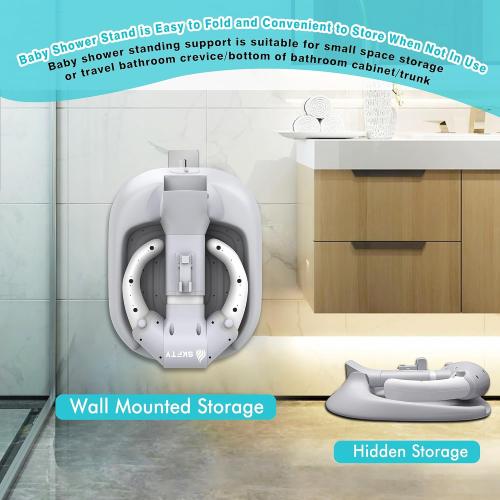 Baby Shower Stand with Anti-Slip Base & Anti-Pinch Silicone, Adjustable Foldable Baby Bath Support for Toddlers 6-36 Months, Portable Standing Helper with Shower Holder | Soporte para Bañera de Bebé