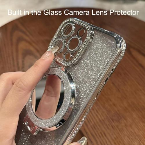 Changjia Magnetic Kickstand Glitter Case for iPhone 17 Pro,[Compatible with Magsafe] Cute Bling Sparkly Rhinestones with Camera Protector &Makeup Mirror Women Girls Case for iPhone 17 Pro 6.3, Silver