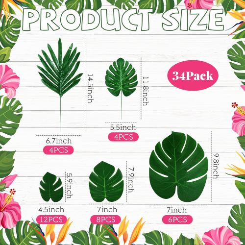 Lincia 40 Pcs Hawaiian Hibiscus Decorations Large Paper Flowers and Artificial Tropical Leaves, 11.8''/7.9'' Jumbo 3D Paper Flowers Faux Leaves for Luau Party Birthday Wedding (Classic Color)