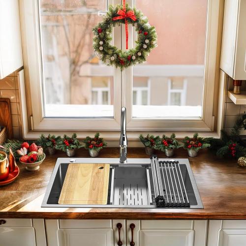 YITAHOME Drop In Kitchen Sink Workstation with Pull-down Faucet, 304 Stainless Steel Single Bowl Top Mount Sink w/Ledge & Accessories, Honeycomb Surface Design, 33 x 22 x 10 in, Silver