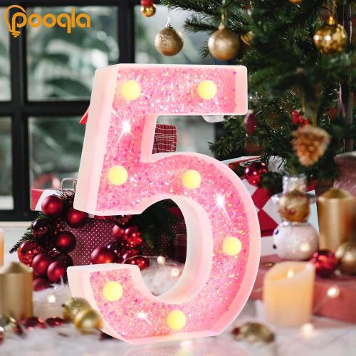 Pooqla Marquee Numbers Lights, light up Numbers Battery Powered, Glitter Lighted Numbers for Girls 1st Birthday Party, Shiny LED Numbers for Christmas Wedding Home Bar Decoration, Pink Number 1