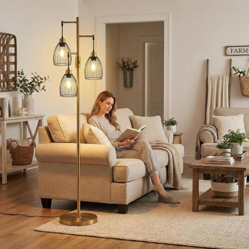 Dimmable Floor Lamp, Industrial Floor Lamps for Living Room, Antique Brass Tree Lamp Standing Lamp Tall Lamps with 3 Elegant Teardrop Cage Head & 800 Lumens LED Bulbs for Living Room Bedroom Office