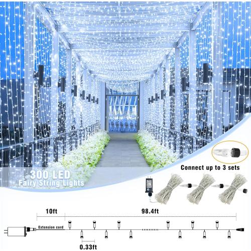 100ft White Christmas Lights Outdoor 300 LED String Lights Indoor Clear Wire Waterproof, 8 Modes Connectable Twinkle Fairy String Lights Plug in for Outside Room Bedroom Party Wedding Decorations