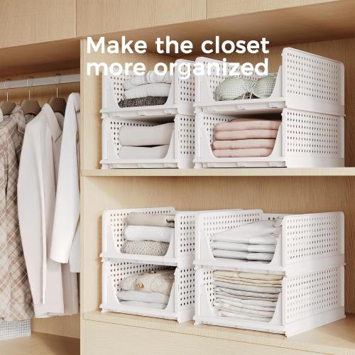 Pinkpum Stackable Plastic Storage Basket, Foldable Closet Organizers, Drawer Shelf Storage Container/Bins for Wardrobe Kitchen Bathroom Office Dorm, White, 4 Packs