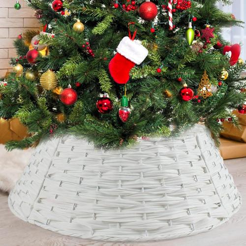 Christmas Tree Collar 24'', Woven Wicker Tree Collar for 4-7ft Trees, 4-Piece Wicker Tree Skirt for Artificial Trees, Basket for Christmas Tree Base Rustic Farmhouse Tree Ring for Home Decor, White