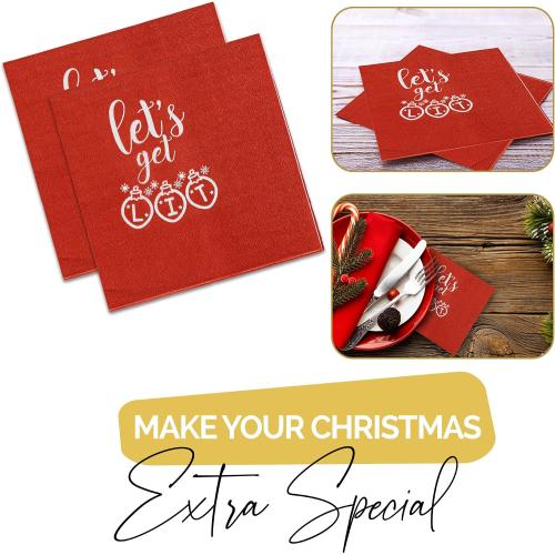 Christmas Napkins – 52 Pack Christmas Party Decorations with “Let's Get Lit” Design – Friendmas Napkins for Holiday Table, Friends Gatherings, and Festive Celebrations