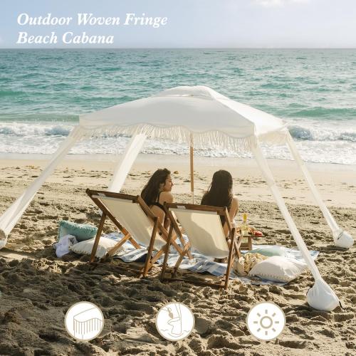 AMMSUN Beach Cabana with Fringe, 7' x 7' Boho Beach Canopy with Tassels, Easy Set up & Premium Wood Pole, Cabana Tent with Sand Pockets, Instant Sun Shade for Sand, Garden, Patio, Elegant White