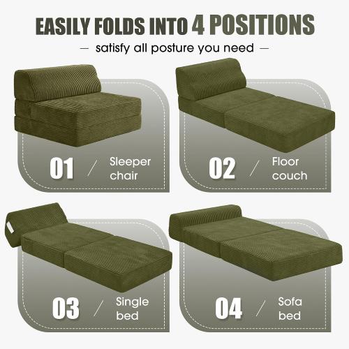 Kasunpul Folding Sofa Bed with Pillow, Memory Foam Fold Out Chair Bed, Convertible Sleeper Chair with Washable Cover, Futon Floor Couch for Living Room/Dorm/Guest Use/Home Office/Apartment, Green