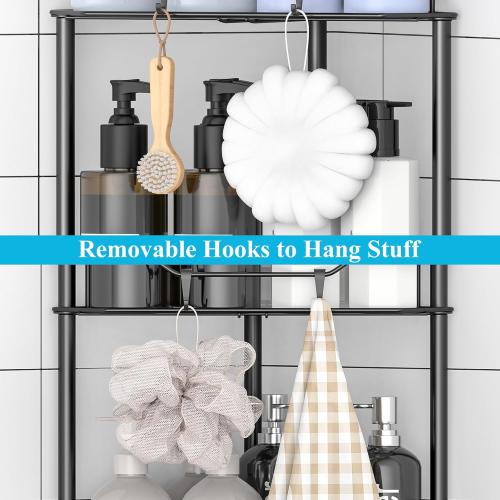 2 Tier Floor Standing Corner Shower Caddy Organizer Shelf with Hooks, Bathroom Shelves Stand Rack, Black