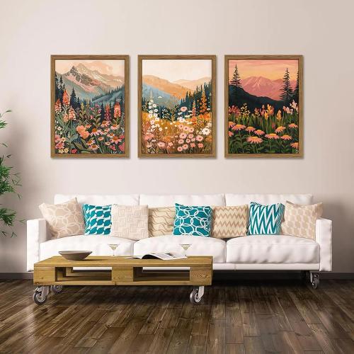 Boho Colorful Landscape wall art Wildflower Mountain Wall Decor Vintage Floral Forest Paintings Rustic Nature Pictures Canvas Prints for Living Room Bedroom Dining Room 16x24 Inch Wood Framed