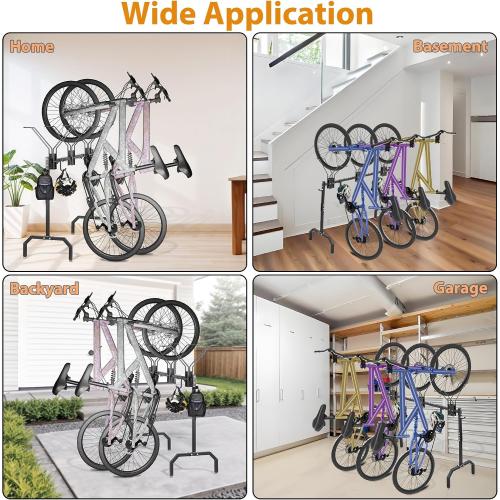 Cycle Storage Organizer Rack for 3 Bikes, Portable Bicycle Parking Rack with 4 Hooks, Bikes Floor Stand for Garage/Home/Indoor/Outdoor Use
