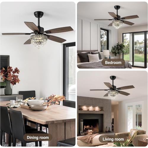 Chandelier Ceiling Fans with Lights and Remote,42in Chandelier Fan Ceiling,Crystal Ceiling Fan Fandelier with Lights,6 Speed 3 Timer Quiet Ceiling Fan for Bedroom (Black, 52 Inch)